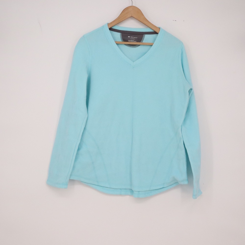 Tek Gear Fleece Pullover Womens L Solid Light Blue V-Neck Long Sleeve Excellent
